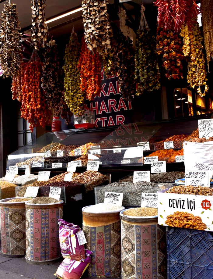 Colorful spices and herbs on display at an Istanbul market.
